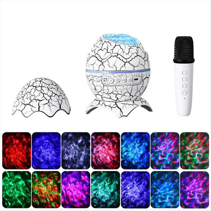 White cracked-egg-shaped karaoke bluetooth speaker with blue atmosphere light projection for microphone outdoor camping use