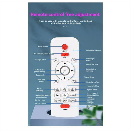White rectangular remote control with labeled buttons for atmosphere light projection and music on karaoke bluetooth speaker