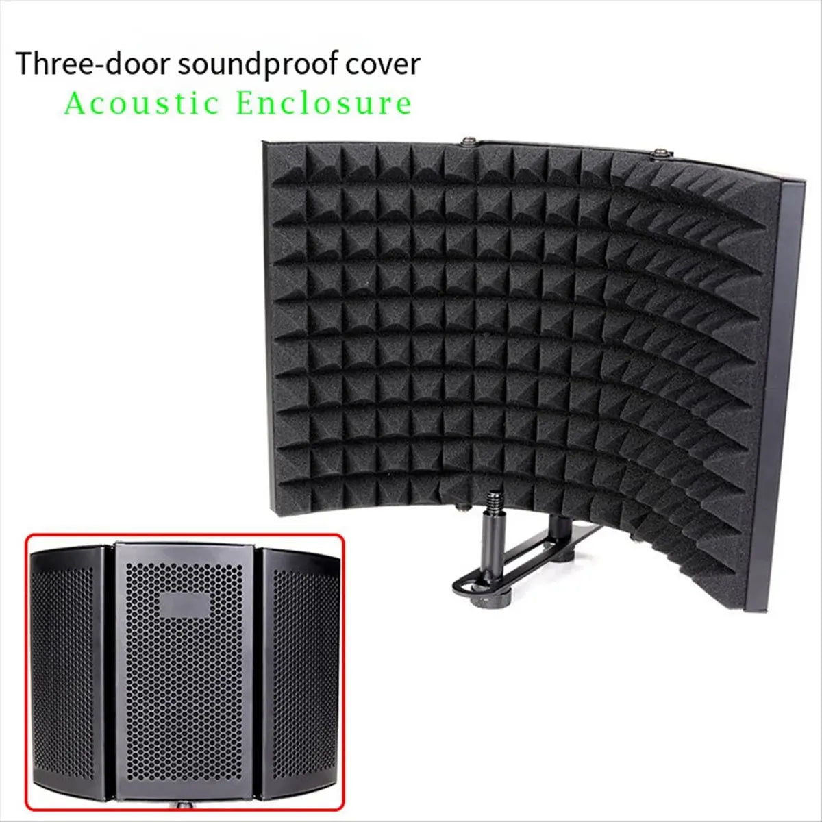 Black three-door soundproof cover microphone enclosure with curved pyramid foam and perforated metal for recording studio windproof use