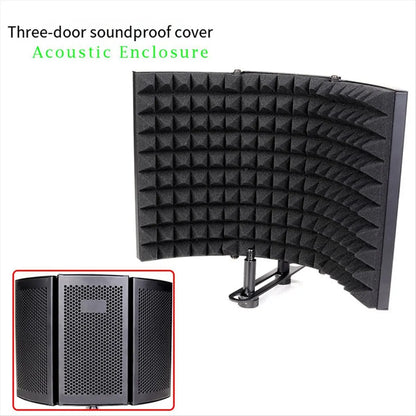 Black three-door soundproof cover microphone with curved pyramid foam and perforated metal for recording studio windproof use
