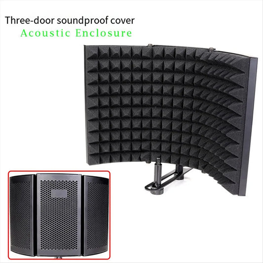 Black three-door soundproof cover microphone with curved pyramid foam and perforated metal for recording studio windproof use