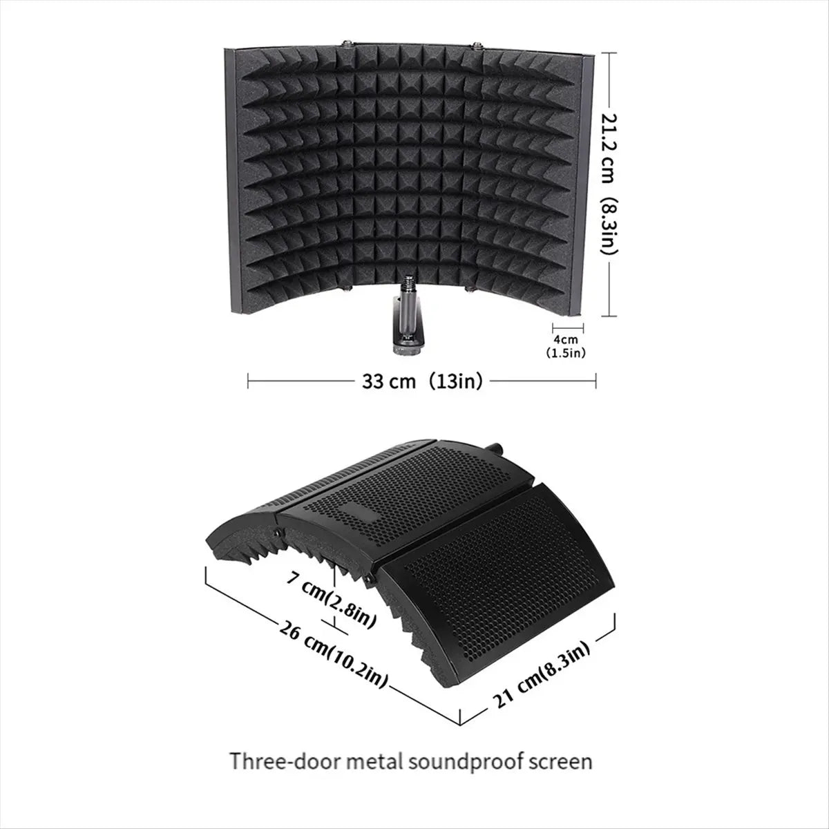 Black curved acoustic foam panel with metal stand and three-door metal soundproof cover microphone for professional noise reduction