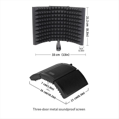 Black curved acoustic foam panel with metal stand and three-door metal soundproof cover microphone for professional noise reduction