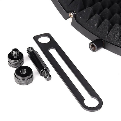 Black metal mounting bracket with threaded hardware for acoustic foam panel for professional microphone noise reduction board