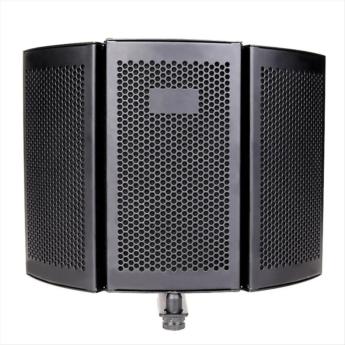 Black three-panel soundproof cover microphone with perforated metal mesh and threaded base for recording studio windproof use