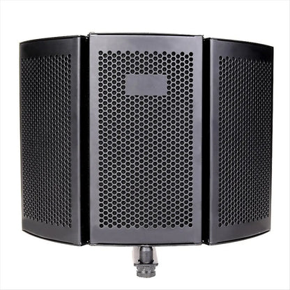 Black three-panel soundproof cover microphone with perforated metal mesh and threaded base for recording studio windproof use