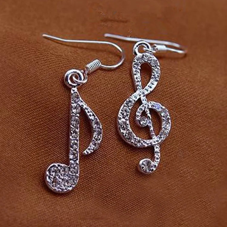 Silver musical note earrings with sparkling rhinestones punk fashion asymmetrical lady earrings for weddings and gifts