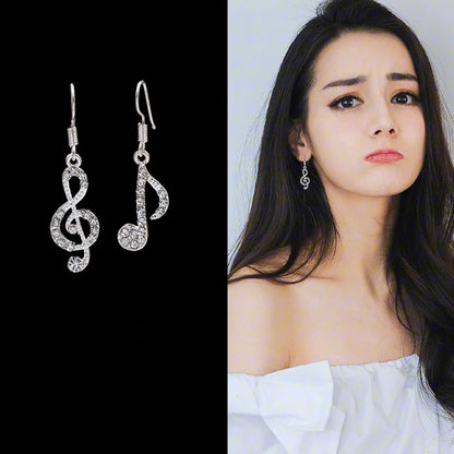 Silver rhinestone musical note earrings featuring punk fashion asymmetrical lady earrings perfect for weddings