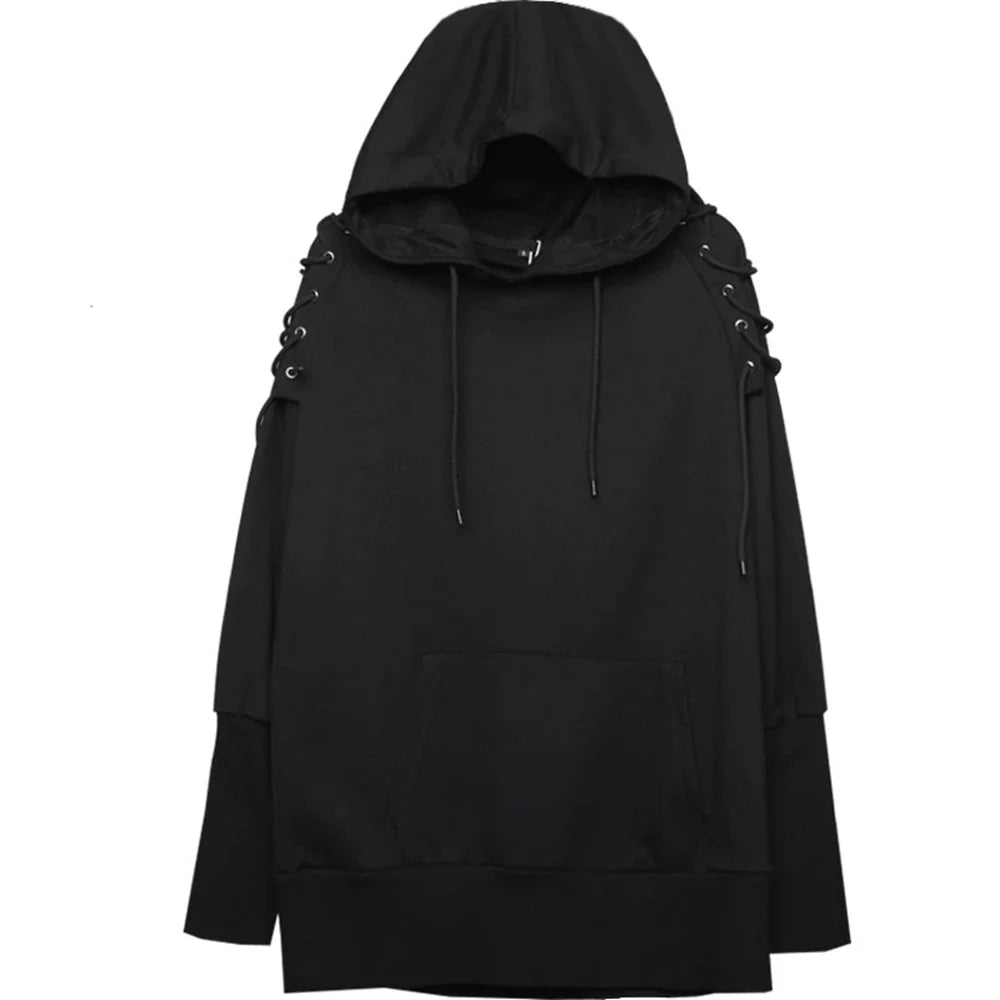 Black punk drawstring sleeve hooded pullover harajuku with lace-up shoulder details and front pocket techwear hoodies sweatshirts