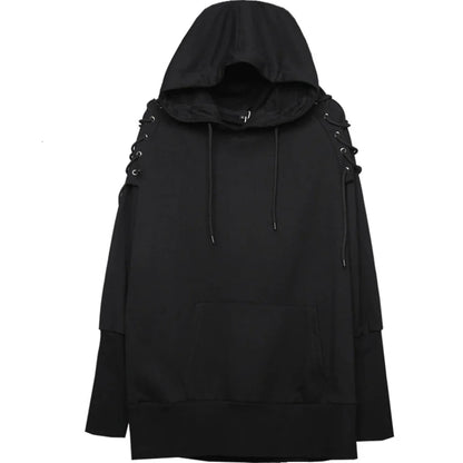 Black punk drawstring sleeve hooded pullover harajuku with lace-up shoulder details and front pocket techwear hoodies sweatshirts