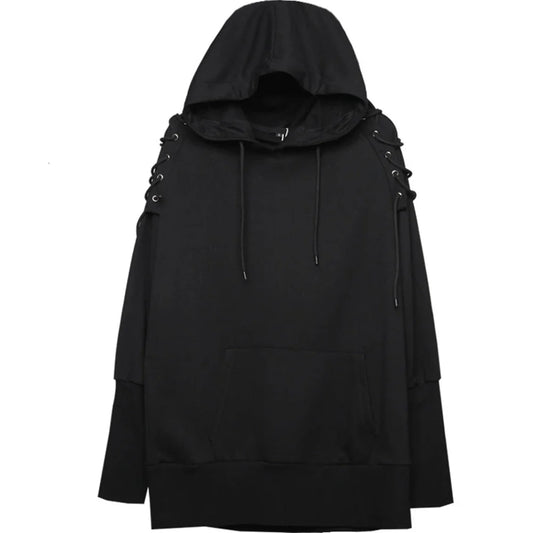 Black punk drawstring sleeve hooded pullover harajuku with lace-up shoulder details and front pocket techwear hoodies sweatshirts