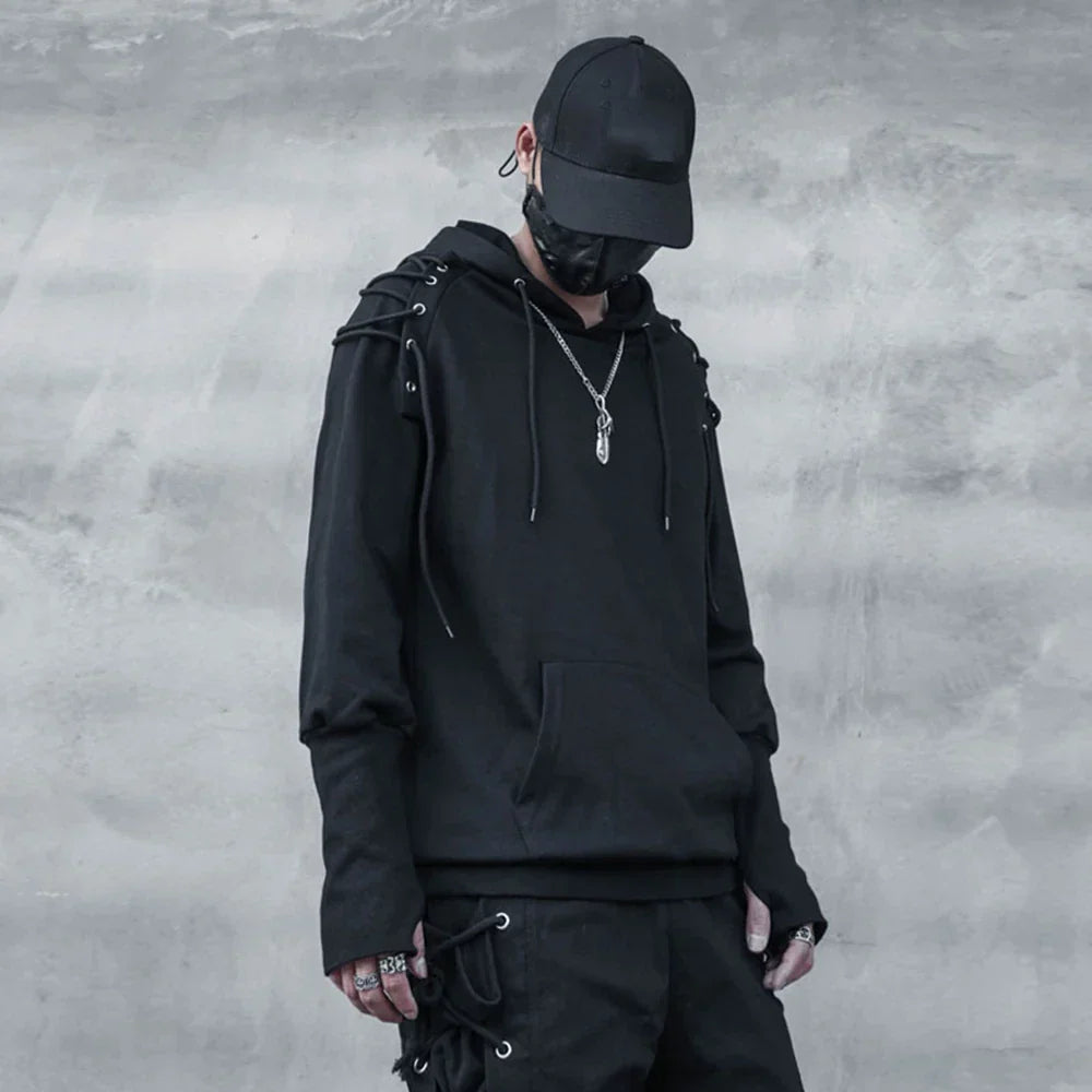 Black punk drawstring sleeve hooded pullover harajuku with lace-up shoulders and front pocket for techwear streetwear