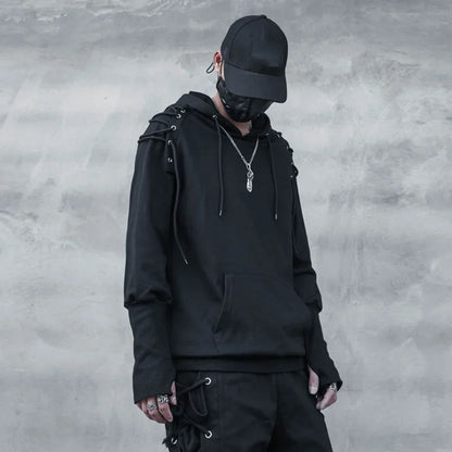 Black punk drawstring sleeve hooded pullover harajuku with lace-up shoulders and front pocket for techwear streetwear