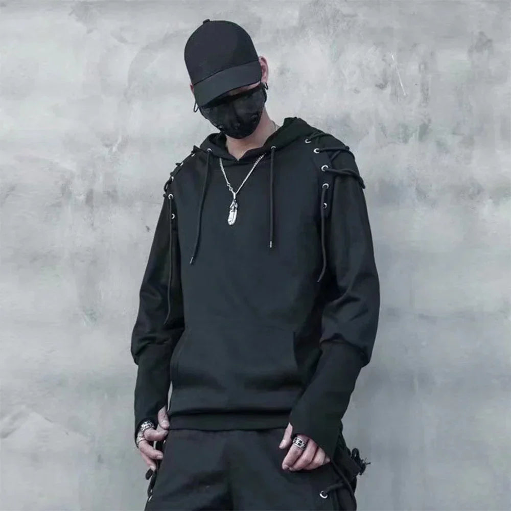 Black punk drawstring sleeve hooded pullover harajuku with lace-up detailing for techwear hoodies sweatshirts style