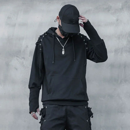 Black punk drawstring sleeve hooded pullover harajuku with lace-up shoulders side pockets and long sleeves techwear hoodie