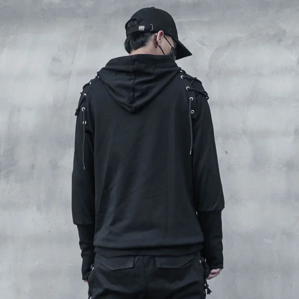 Black punk drawstring sleeve hooded pullover harajuku with lace-up shoulders and sleeves techwear hoodies sweatshirts