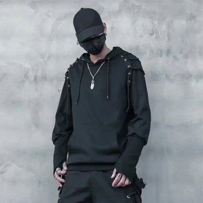 Black hoodie punk drawstring sleeve with lace-up shoulder and sleeve details hooded pullover harajuku techwear hoodies