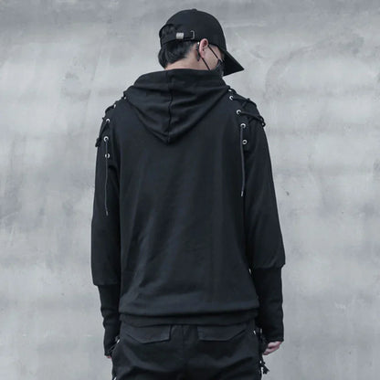 Black punk drawstring sleeve hooded pullover harajuku techwear hoodie with lace-up detailing on shoulders and sleeves