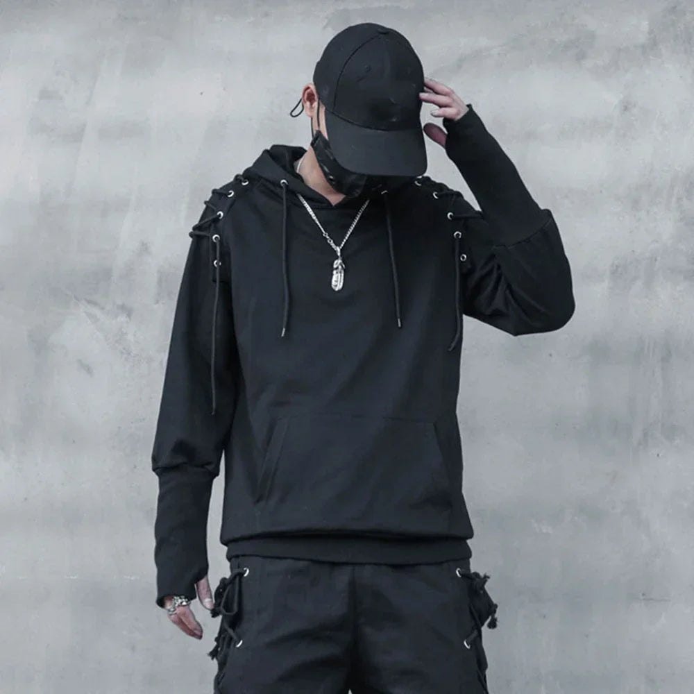 Black punk drawstring sleeve hooded pullover harajuku with lace-up shoulders and side pockets for techwear streetwear