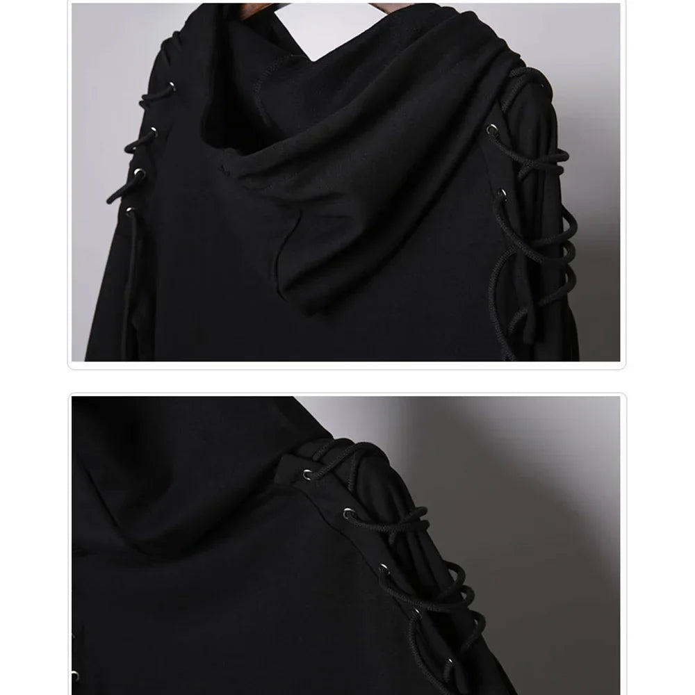 Black punk drawstring sleeve hooded pullover harajuku with draped asymmetrical neckline and adjustable side ties