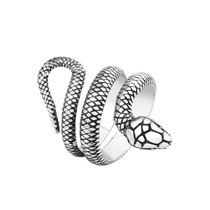 Silver punk fashion stainless steel snake ring with textured scales and detailed head for vintage biker hip hop couple gifts