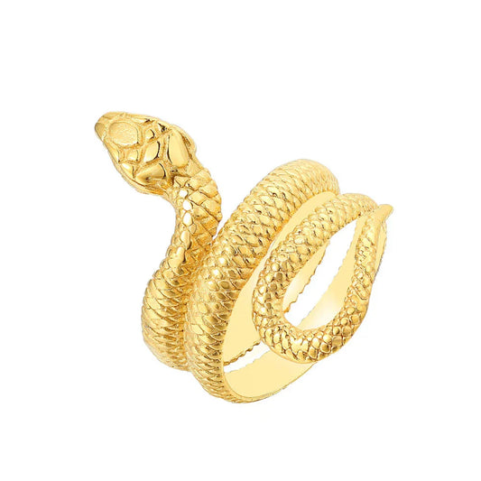 Gold snake ring with textured scales and detailed head made of stainless steel for punk fashion vintage biker hip hop couple gifts