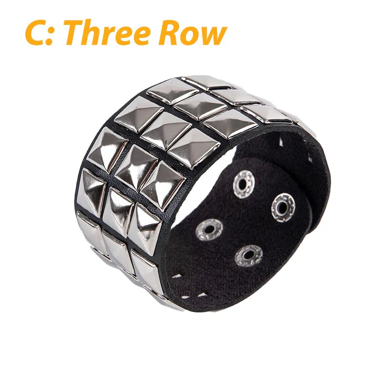 Black leather gothic nail bracelet with three rows of silver-toned rivets for casual couple bracelet party wear