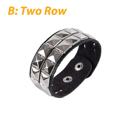 Black leather gothic nail bracelet with silver-toned rivet studs perfect as a couple bracelet party gift for casual wear