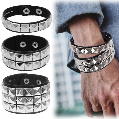 Studded leather wristband with silver pyramid rivets and black faux-leather straps gothic nail bracelet for party use