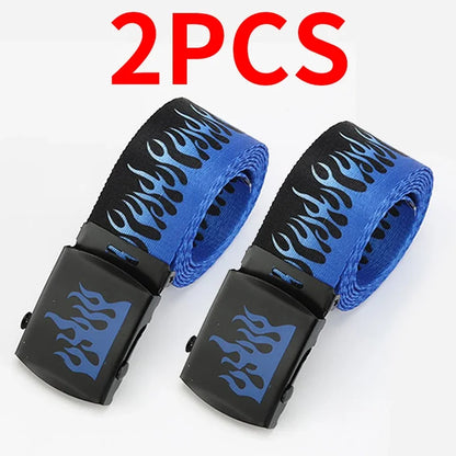 Punk style flame canvas belts in blue and black with black plastic buckles for women trendy eyelet personality decoration durable