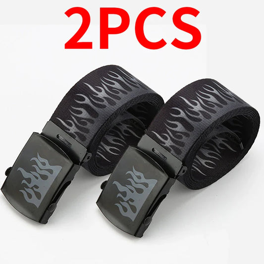 Black canvas punk style flame belt with silver embroidery and durable black metal buckle for women trendy eyelet decoration