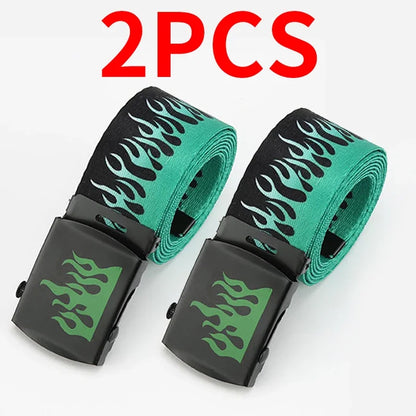 Two teal and black canvas punk style flame belts with durable eyelet and matching green flame personality decoration buckles