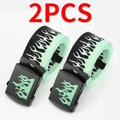 Two mint green and black punk style flame canvas belts with black plastic buckles women trendy eyelet durable decoration