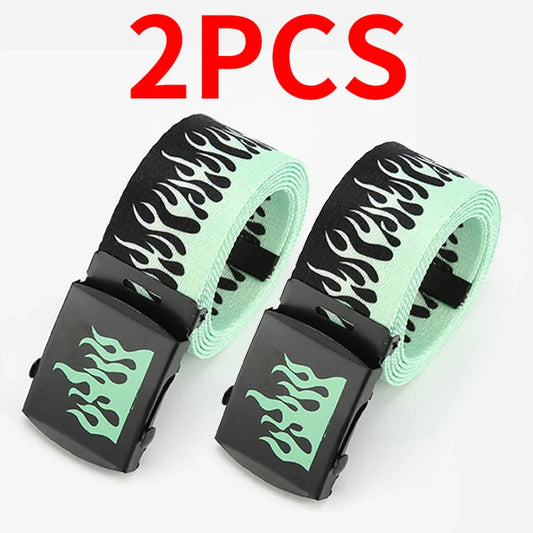 Two mint green and black flame-patterned canvas punk style flame belts with black plastic buckles for boy personality decoration and women trendy eyelet use