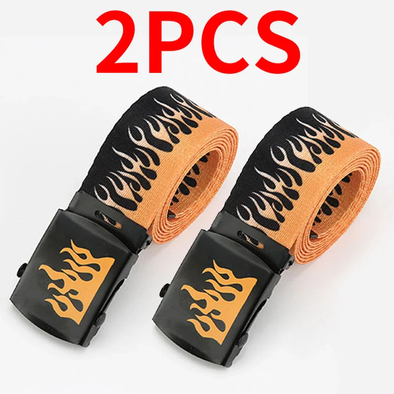 Punk style flame canvas belts in orange and black with durable black plastic buckles for women trendy eyelet decoration