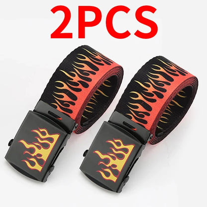 Black canvas punk style flame belt with vibrant orange yellow flame patterns and durable personality decoration buckle