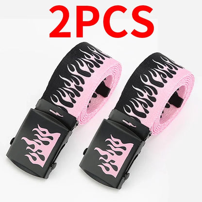 Punk style flame canvas belts in pink and black with durable personality decoration and women trendy eyelet buckle