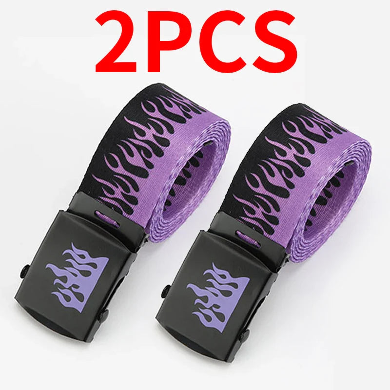 Purple flame-patterned canvas punk style flame belt with black plastic buckle durable personality decoration
