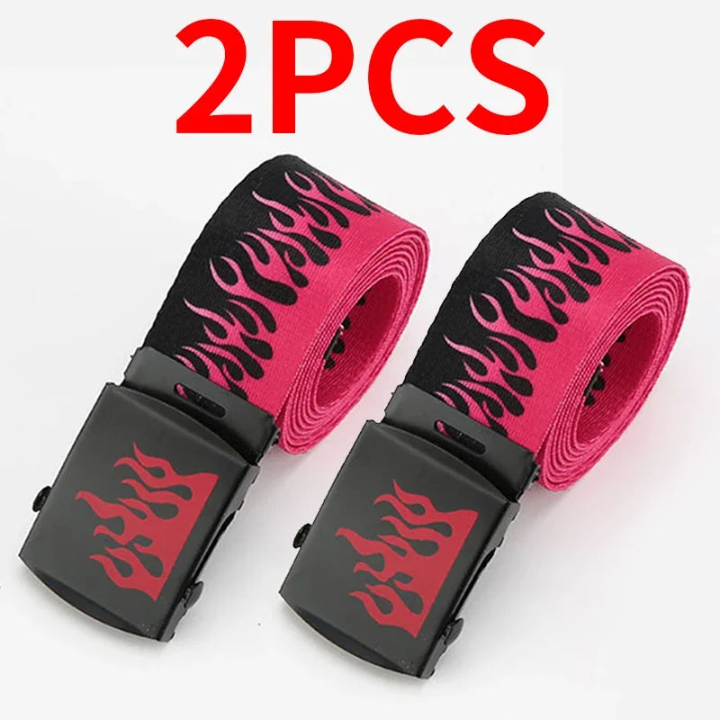 Two vibrant pink punk style flame canvas belts with black flame patterns and durable plastic buckles for men and women trendy eyelet style