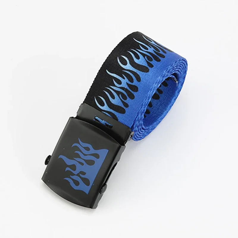 Punk style flame canvas belt in blue and black with a durable personality decoration and women trendy eyelet design
