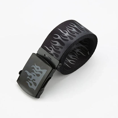 Black canvas punk style flame belt with silver pattern and black metal buckle, a women trendy eyelet personality decoration durable