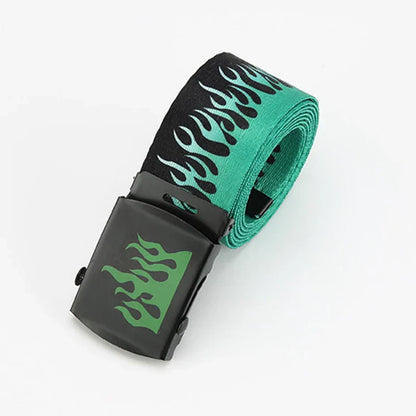 Punk style flame canvas belt with teal and black pattern and matte black plastic buckle for personality decoration durable use