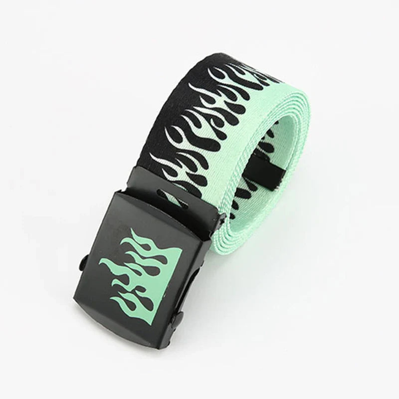 A mint green and black canvas punk style flame belt with durable personality decoration and matching black plastic buckle