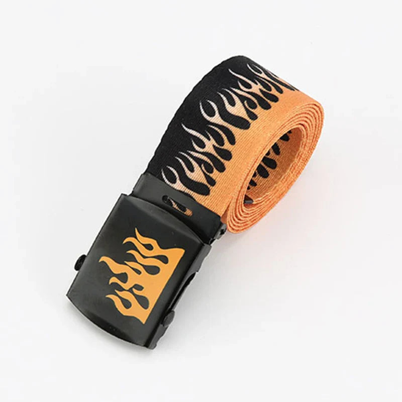 Punk style flame orange and black canvas belt with black plastic buckle women trendy eyelet personality decoration durable