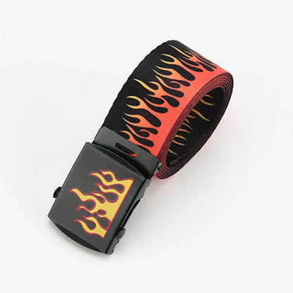Black canvas punk style flame belt with vibrant orange and yellow flames and a durable black plastic buckle for personality decoration