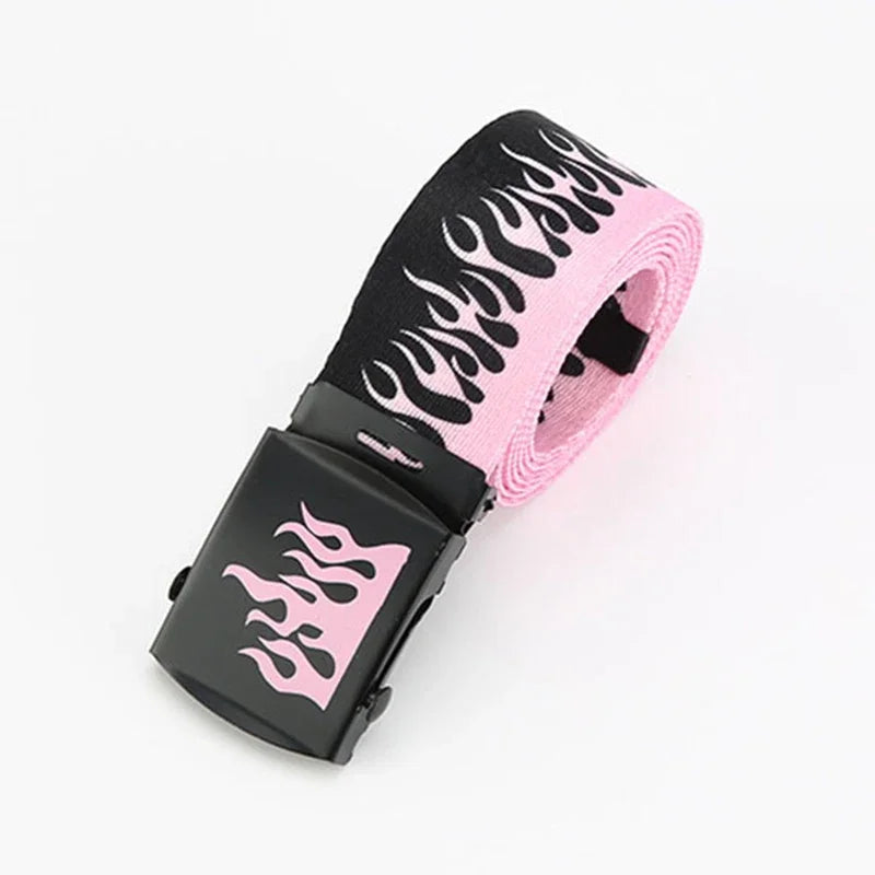 Punk style flame canvas belt in pink and black with durable black plastic buckle for women trendy eyelet personality decoration