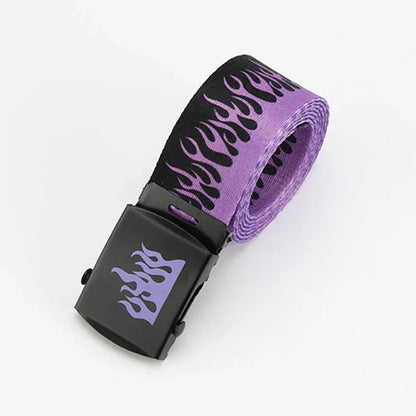 Purple and black flame-patterned punk style flame canvas belt with durable black plastic buckle for personality decoration