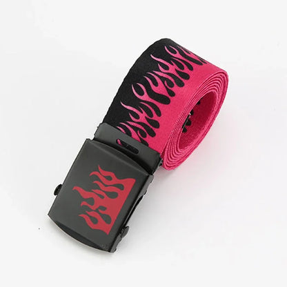 A vibrant pink and black punk style flame canvas belt with durable personality decoration and matching black buckle