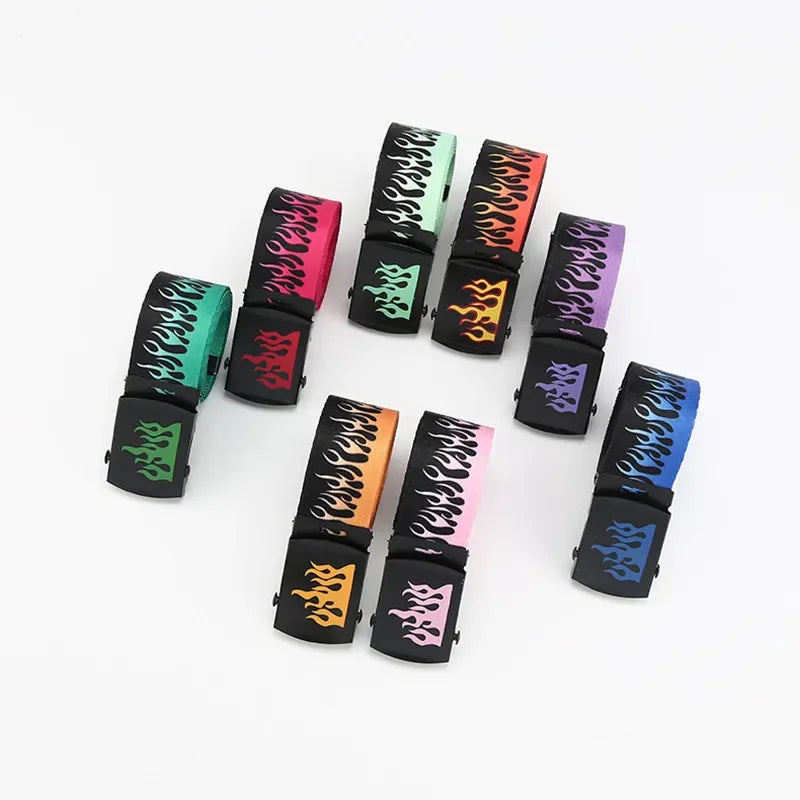 Colorful punk style flame canvas belt with black plastic buckle durable for men and women trendy eyelet personality decoration