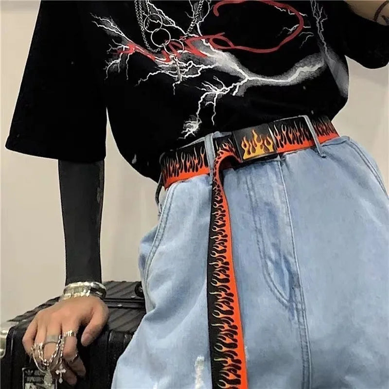 Orange and black punk style flame belt with metallic buckle featuring personality decoration durable design for men and women trendy eyelet